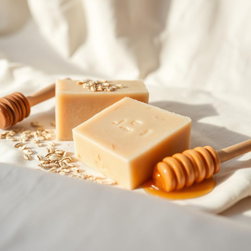 Placeholder photo: handmade oatmeal and honey soap bars with a honey dipper