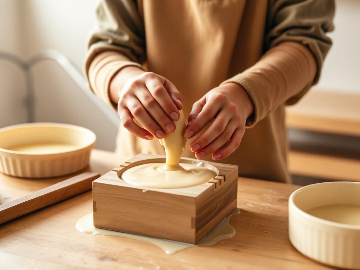 Placeholder photo: a young adult pouring soap batter into a wooden mold